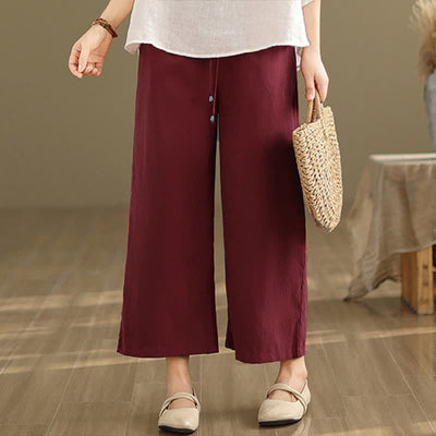 Buddha Stones Summer Casual Minimalist Drawstring Solid Cotton Cropped Pants Women's Wide Leg Pants With Pocket - image 19
