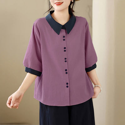 Buddha Stones Summer Elegant Button-Up contrast collar Solid Women's Short Sleeve Shirts - image 4