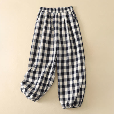 Buddha Stones Summer Casual Classic Plaid Cropped Pants Women's Harem Pants With Pocket - Navy - US8-10, UK/AU12-14, EU40-42 (2XL) - image 8