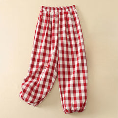 Buddha Stones Summer Casual Classic Plaid Cropped Pants Women's Harem Pants With Pocket - Crimson - US8-10, UK/AU12-14, EU40-42 (2XL) - image 0
