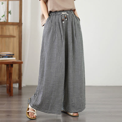 Buddha Stones Summer Casual Drawstring Small Plaid Ankle Pants Women's Wide Leg Pants With Pocket - image 9