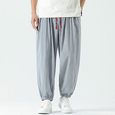 Buddha Stones Summer Casual Boho Drawstring Solid Cotton Cropped Pants Men's Harem Pants With Pocket - image 3
