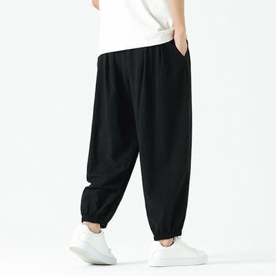 Buddha Stones Summer Casual Boho Drawstring Solid Cotton Cropped Pants Men's Harem Pants With Pocket - image 14