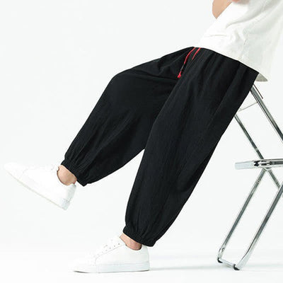 Buddha Stones Summer Casual Boho Drawstring Solid Cotton Cropped Pants Men's Harem Pants With Pocket - image 18