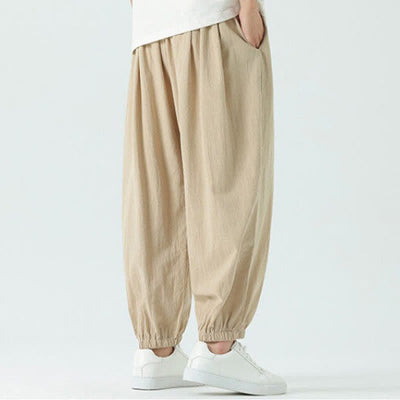 Buddha Stones Summer Casual Boho Drawstring Solid Cotton Cropped Pants Men's Harem Pants With Pocket - image 23