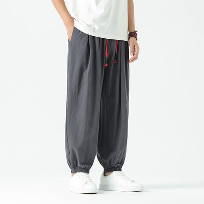 Buddha Stones Summer Casual Boho Drawstring Solid Cotton Cropped Pants Men's Harem Pants With Pocket - image 40