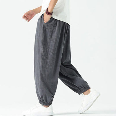 Buddha Stones Summer Casual Boho Drawstring Solid Cotton Cropped Pants Men's Harem Pants With Pocket - image 38
