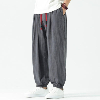Buddha Stones Summer Casual Boho Drawstring Solid Cotton Cropped Pants Men's Harem Pants With Pocket - image 37