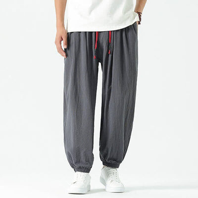 Buddha Stones Summer Casual Boho Drawstring Solid Cotton Cropped Pants Men's Harem Pants With Pocket - image 36