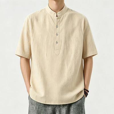 Buddha Stones Summer Casual Mandarin Collar Solid Men's Short Sleeve Shirts - Khaki - US/UK/AU46, EU56 (5XL) - image 0