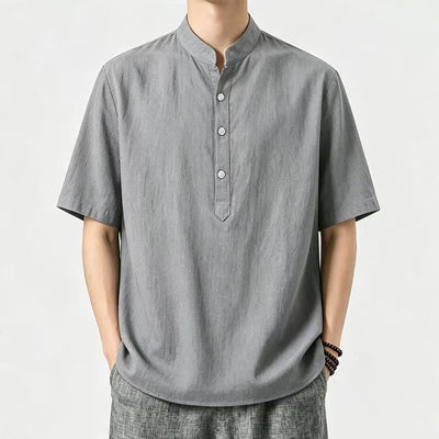 Buddha Stones Summer Casual Mandarin Collar Solid Men's Short Sleeve Shirts - Gray - US/UK/AU46, EU56 (5XL) - image 4