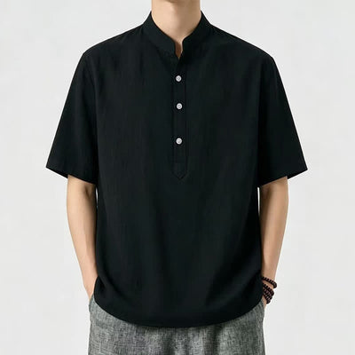 Buddha Stones Summer Casual Mandarin Collar Solid Men's Short Sleeve Shirts - Black - US/UK/AU46, EU56 (5XL) - image 2