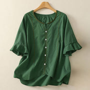 Foviel Sommer Boho Casual Button-up einfarbig Rüschen Bell Ärmel Damen Kurzarm Hemden
