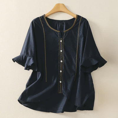 Buddha Stones Summer Boho Casual Button-up Solid Ruffle Bell Sleeve Women's Short Sleeve Shirts - Navy - US12, UK/AU16, EU44 (2XL) - image 5
