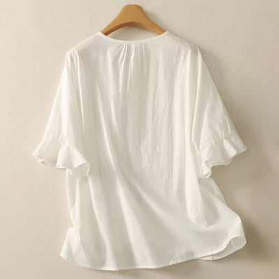 Buddha Stones Summer Boho Casual Button-up Solid Ruffle Bell Sleeve Women's Short Sleeve Shirts - image 17