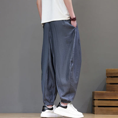 Buddha Stones Summer Casual Vintage Drawstring Solid Cotton Cropped Pants Men's Harem Pants With Pocket - image 4