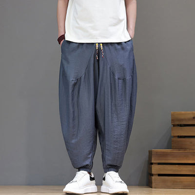 Buddha Stones Summer Casual Vintage Drawstring Solid Cotton Cropped Pants Men's Harem Pants With Pocket - image 7