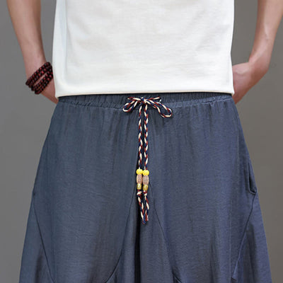 Buddha Stones Summer Casual Vintage Drawstring Solid Cotton Cropped Pants Men's Harem Pants With Pocket - image 9