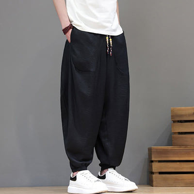 Buddha Stones Summer Casual Vintage Drawstring Solid Cotton Cropped Pants Men's Harem Pants With Pocket - image 17