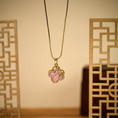 Buddha Stones Copper Rotatable Heart & Four-leaf Clover Inlaid Pink Brocade Harmonic Connection Necklace - image 4