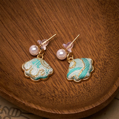 Buddha Stones Pearl Song Brocade Leaf Shaped Balance Chinese Earrings - image 2