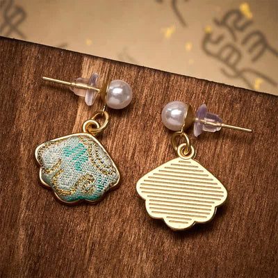 Buddha Stones Pearl Song Brocade Leaf Shaped Balance Chinese Earrings - image 4