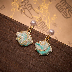 Buddha Stones Pearl Song Brocade Leaf Shaped Balance Chinese Earrings - Leaf(Same Color Tone – Pattern Varies) - image 0