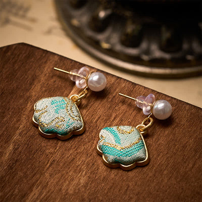 Buddha Stones Pearl Song Brocade Leaf Shaped Balance Chinese Earrings - image 3