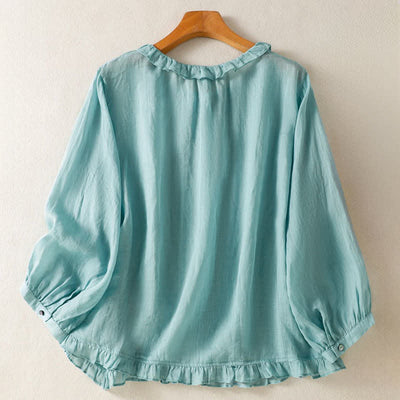 Buddha Stones Summer Casual Vintage Button-up Ruffled Crew Neck Solid Women's Long Sleeve Shirts - image 1
