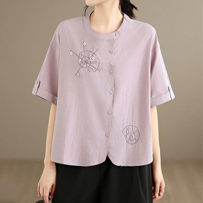 Buddha Stones Summer Casual Minimalist Embroidery Snails Button-Up Geometric Women's Short Sleeve Shirts - image 3