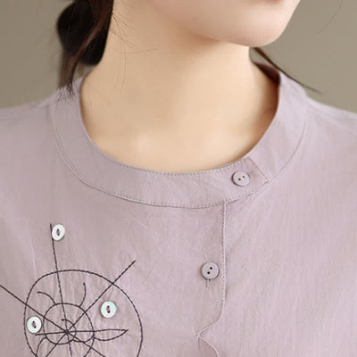 Buddha Stones Summer Casual Minimalist Embroidery Snails Button-Up Geometric Women's Short Sleeve Shirts - image 5