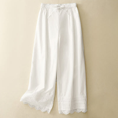 Buddha Stones Summer Elegant Casual Drawstring Solid Lace-trimmed Hem Ankle Pants Women's Wide Leg Pants - White - US8-10, UK/AU12-14, EU40-42 (2XL) - image 10