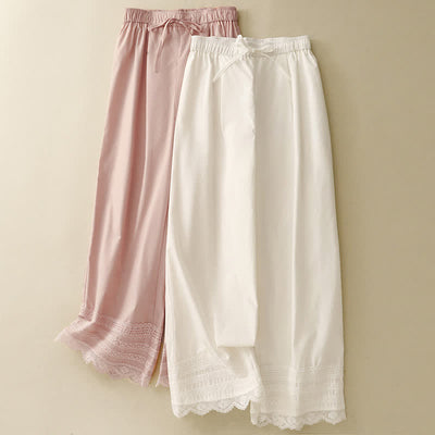 Buddha Stones Summer Elegant Casual Drawstring Solid Lace-trimmed Hem Ankle Pants Women's Wide Leg Pants - image 15