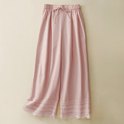 Buddha Stones Summer Elegant Casual Drawstring Solid Lace-trimmed Hem Ankle Pants Women's Wide Leg Pants - LightPink - US8-10, UK/AU12-14, EU40-42 (2XL) - image 0