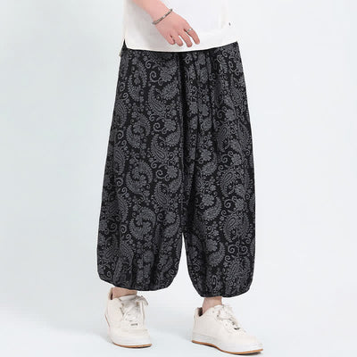 Buddha Stones Summer Boho Casual Drawstring Paisley Capri Pants Men's Harem Pants With Pocket - Black - US/UK/AU46, EU56 (5XL) - image 6