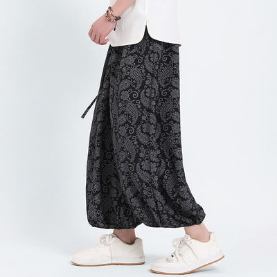 Buddha Stones Summer Boho Casual Drawstring Paisley Capri Pants Men's Harem Pants With Pocket - image 10