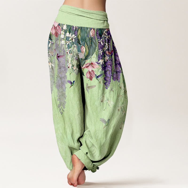 Buddha Stones Pure Cotton Orchid Birds Pattern Women's Elastic Waist Harem Pants - image 9