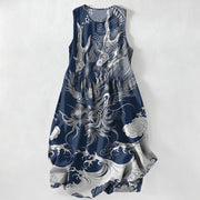 Foviel Summer Casual Oriental Dragon Cloud Pattern Women's Summer Sleeveless Midi Dress With Pockets