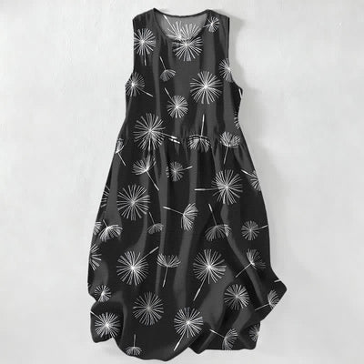 Buddha Stones Summer Casual Dandelion Bloom Pattern Women's Summer Sleeveless Midi Dress With Pockets - Black - US16，UK/AU20，EU48 (3XL) - image 4