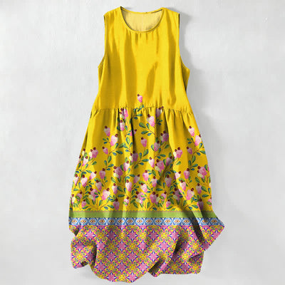 Buddha Stones Summer Casual Floral Border Pattern Women's Summer Sleeveless Midi Dress With Pockets - Yellow - US16，UK/AU20，EU48 (3XL) - image 0
