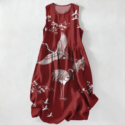 Buddha Stones Summer Casual Crane Blossom Pattern Women's Summer Sleeveless Midi Dress With Pockets - Maroon - US16，UK/AU20，EU48 (3XL) - image 0