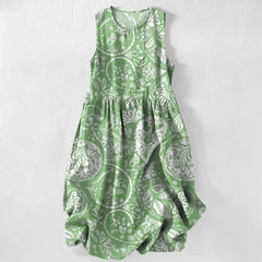 Buddha Stones Summer Casual White Medallion Floral Pattern Women's Summer Sleeveless Midi Dress With Pockets - PaleGreen - US16，UK/AU20，EU48 (3XL) - image 0