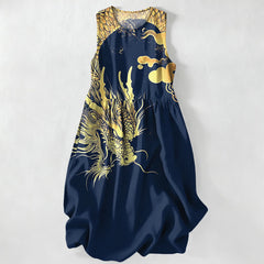 Buddha Stones Summer Casual Golden Dragon Cloud Pattern Women's Summer Sleeveless Midi Dress With Pockets - Navy - US16，UK/AU20，EU48 (3XL) - image 0