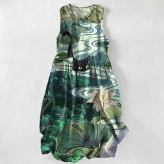 Buddha Stones Summer Casual Lotus Black Cat Pattern Women's Summer Sleeveless Midi Dress With Pockets - Teal - US16，UK/AU20，EU48 (3XL) - image 0