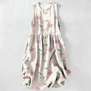 Foviel Summer Casual Lotus Leaves Pattern Women's Summer Sleeveless Midi Dress With Pockets