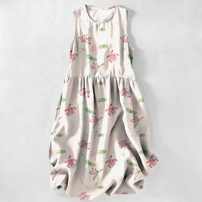 Buddha Stones Summer Casual Lotus Leaves Pattern Women's Summer Sleeveless Midi Dress With Pockets - Ivory - US16，UK/AU20，EU48 (3XL) - image 0