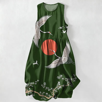 Buddha Stones Summer Casual Crane Red Sun Pattern Women's Summer Sleeveless Midi Dress With Pockets - ForestGreen - US16，UK/AU20，EU48 (3XL) - image 8
