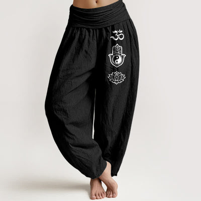 Buddha Stones Pure Cotton Om Hamsa Yin Yang Lotus Pattern Women's Elastic Waist Harem Pants - Black - US16，UK/AU20，EU48 (3XL) - image 5