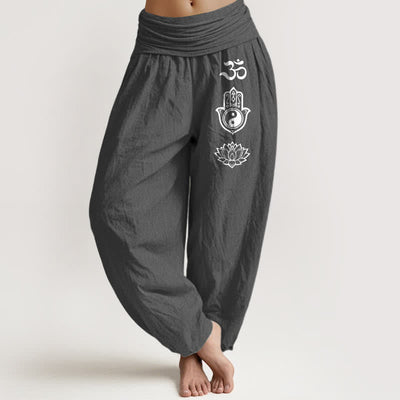 Buddha Stones Pure Cotton Om Hamsa Yin Yang Lotus Pattern Women's Elastic Waist Harem Pants - DimGray - US16，UK/AU20，EU48 (3XL) - image 11