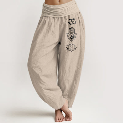 Buddha Stones Pure Cotton Om Hamsa Yin Yang Lotus Pattern Women's Elastic Waist Harem Pants - Tan - US16，UK/AU20，EU48 (3XL) - image 0